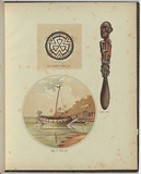 Title: b'Head ornament of pearl shell [u.l. image]  chunum knife [u.r.]  Canoe at South Cape  [l.c. image]' | Date: 1885 | Technique: b'lithograph, printed in colour, from multiple stones'