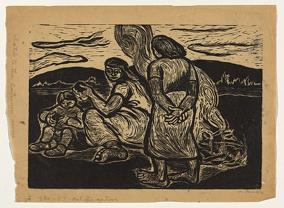 Artist: b'Groblicka, Lidia.' | Title: b'Sketch for the Autumn series: Potato eaters' | Date: 1956-57 | Technique: b'woodcut, printed in black ink, from one block'