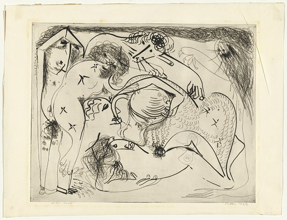 Artist: b'BOYD, Arthur' | Title: b'Figures with pot, moth and lion.' | Date: (1968-69) | Technique: b'etching, printed in black ink, from one plate' | Copyright: b'Reproduced with permission of Bundanon Trust'