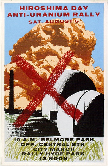 Artist: b'Robertson, Tom.' | Title: b'Hiroshima Day anti-uranium rally' | Date: 1977 | Technique: b'screenprint, printed in colour, from multiple stencils'