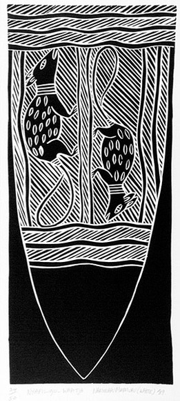 Artist: b'Maymuru-White, Naminapu.' | Title: b'Nyapilingu Wapitja [lower section]' | Date: 1989 | Technique: b'linocut, printed in black ink, from one block'