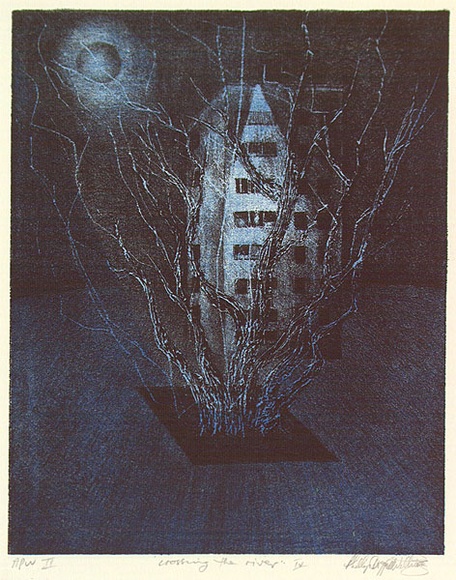 Artist: b'Doggett-Williams, Phillip.' | Title: b'Crossing the river IV' | Date: 1993 | Technique: b'lithograph, printed in colour, from two stones (black and blue)'