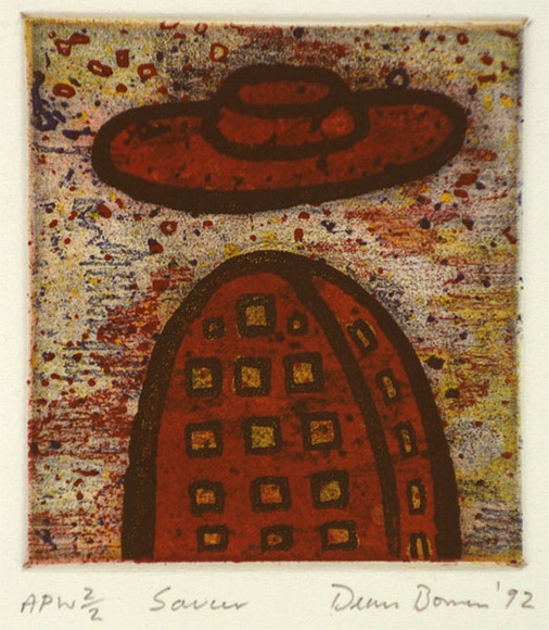 Artist: b'Bowen, Dean.' | Title: b'Saucer (with red building)' | Date: 1992 | Technique: b'etching, printed in colour, from multiple plates'