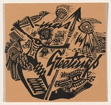 Artist: b'Ratas, Vaclovas.' | Title: b'Greeting card: Aborigine with spear and aboriginal motifs.' | Date: (1951) | Technique: b'woodcut, printed in black ink, from one block'