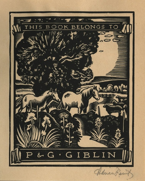 Artist: b'FEINT, Adrian' | Title: b'Bookplate: P & G Giblin.' | Date: (1938) | Technique: b'wood-engraving, printed in black ink, from one block' | Copyright: b'Courtesy the Estate of Adrian Feint'