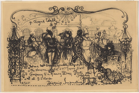 Artist: b'Conder, Charles.' | Title: bInvitation card: A fancy-dress party at the artist's house. | Date: 1905 | Technique: b'transfer-lithograph, printed in black ink, from one stone'