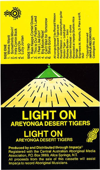 Artist: b'REDBACK GRAPHIX' | Title: b'Cassette cover: Light On - Arenyonga Desser Tigers' | Date: 1980 | Technique: b'offset-lithograph, printed in colour, from four plates'