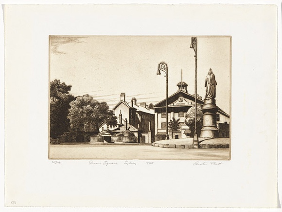 Artist: b'PLATT, Austin' | Title: b'Queens Square, Sydney' | Date: 1945 | Technique: b'etching, printed in black ink, from one plate'