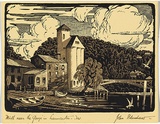 Artist: Eldershaw, John. | Title: Mill near the Gorge in Launceston. | Date: c.1930 | Technique: wood-engraving, printed in colour, from multiple blocks