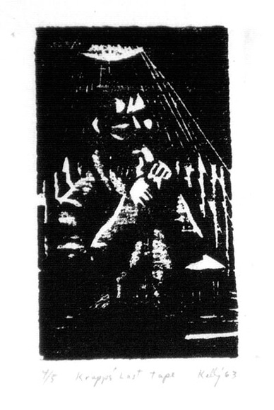 Artist: b'Kelly, William.' | Title: bKrapp's last tape | Date: 1963 | Technique: b'woodcut' | Copyright: b'\xc2\xa9 William Kelly'