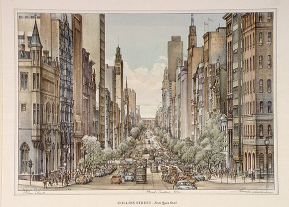 Artist: b'Freedman, Harold.' | Title: b'Collins Street - from Queens Street.' | Date: 1962 | Technique: b'lithograph'