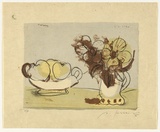 Artist: b'SELLBACH, Udo' | Title: b'(Fruit bowl with vase of flowers)' | Date: 1953, August 8 | Technique: b'lithograph, printed in colour, from five stones [or plates]'