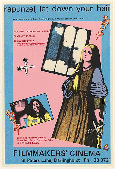 Artist: b'EARTHWORKS POSTER COLLECTIVE' | Title: bRapunzel, let down your hair...Filmakers' Cinema | Date: 1979 | Technique: b'screenprint, printed in colour, from multiple stencils'