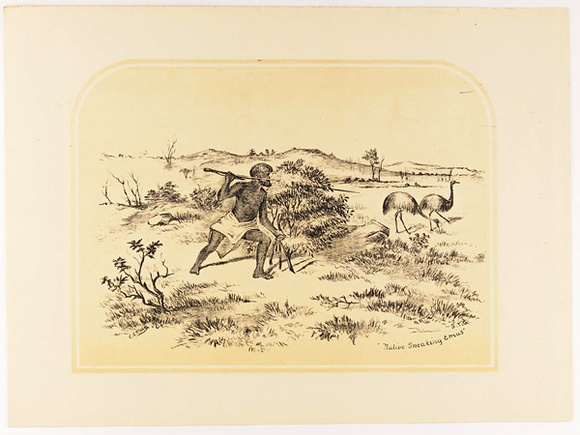 Title: b'Native sneaking emus.' | Date: c. 1889 | Technique: b'lithograph, printed in colour, from two stones (black and buff); additional hand-colouring'