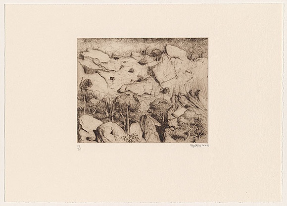 Artist: b'Rees, Lloyd.' | Title: b'Cliff face, Central Australia' | Date: 1977 | Technique: b'softground-etching, printed in brown ink, from one zinc plate' | Copyright: b'\xc2\xa9 Alan and Jancis Rees'