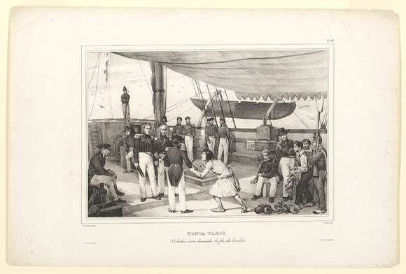 Artist: b'Sainson, Louis de.' | Title: b'Tonga-Tabou.  Vadodai vient demander la fin des hostilit\xc3\xa9s. (Tonga-Tabou. Vadodai comes to ask for the end of hostilities).' | Date: 1833 | Technique: b'lithograph, printed black ink, from one stone'