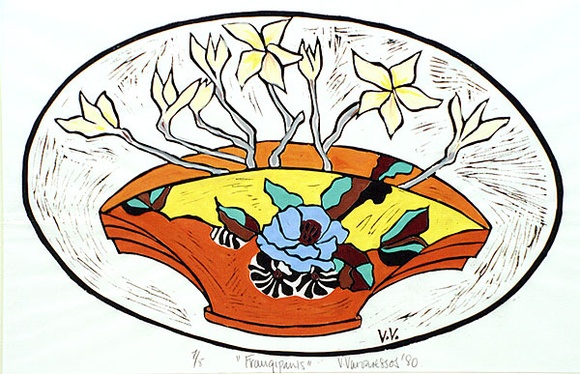 Artist: Varvaressos, Vicki. | Title: Frangipanis | Date: 1980 | Technique: linocut, printed in black ink, from one block; hand-coloured | Copyright: © Vicki Varvaressos