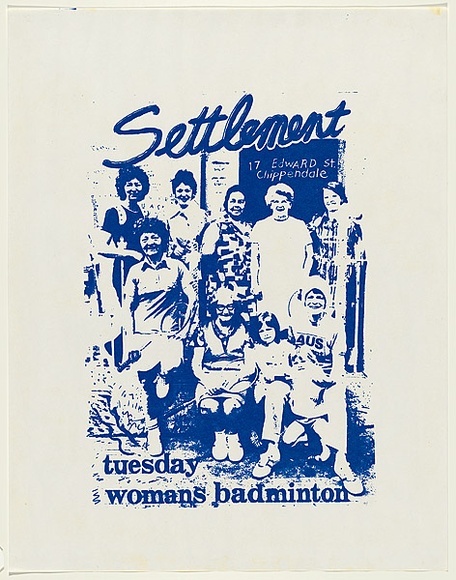 Artist: b'WORSTEAD, Paul' | Title: bSettlement - Woman's badminton. | Date: 1975 | Technique: b'screenprint, printed in blue ink, from one stencil' | Copyright: b'This work appears on screen courtesy of the artist'