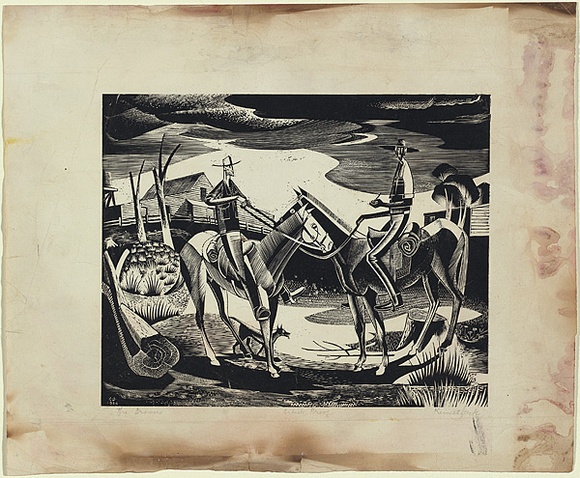 Artist: b'Jack, Kenneth.' | Title: b'The drovers' | Date: 1954 | Technique: b'engraving, printed in black ink, from one perspex block' | Copyright: b'\xc2\xa9 Kenneth Jack. Licensed by VISCOPY, Australia'