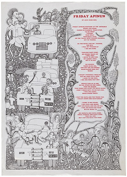 Artist: b'DANGAR, John' | Title: b'Friday apinun.' | Date: 1970s | Technique: b'screenprint, printed in black and red ink, from two screens'