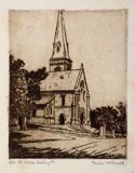 Artist: b'McDonald, Sheila.' | Title: bSaint Mark's, Darling Point | Date: c.1931 | Technique: b'etching, aquatint printed in brown ink with plate-tone'