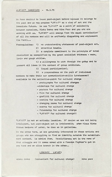 Artist: b'Danko, Aleks.' | Title: b'Lafart manifesto. 18.3.75.' | Date: 1975 | Technique: b'photocopy'