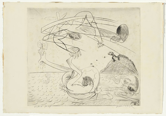 Artist: b'BOYD, Arthur' | Title: b'Bert Hinkler and Polyphemus.' | Date: (1968-69) | Technique: b'drypoint, printed in black ink, from one plate' | Copyright: b'Reproduced with permission of Bundanon Trust'