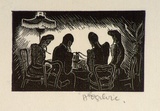 Artist: OGILVIE, Helen | Title: not titled [Four people listening to a phonograph - a wood engraving used for an illustration on Page 16 of Flinders Lane, Re | Date: (1947) | Technique: wood-engraving, printed in black ink, from one block
