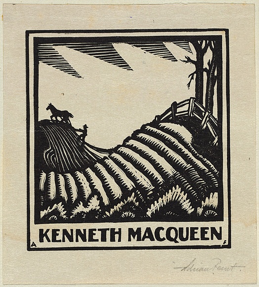 Artist: b'FEINT, Adrian' | Title: b'Bookplate: Kenneth MacQueen.' | Date: (1927) | Technique: b'wood-engraving, printed in black ink, from one block' | Copyright: b'Courtesy the Estate of Adrian Feint'