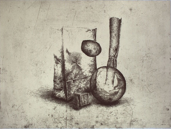 Artist: b'Cooper, Simon.' | Title: b'not titled [still life with paper bag and balloon]' | Date: 1992 | Technique: b'etching, printed in black ink, from one plate'