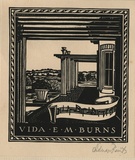 Artist: b'FEINT, Adrian' | Title: b'Bookplate: Vida E.M. Burns.' | Date: 1938 | Technique: b'wood-engraving, printed in black ink, from one block' | Copyright: b'Courtesy the Estate of Adrian Feint'