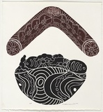 Artist: Cullinan, Valerie. | Title: not titled [honey ants and witchety grubs in bowl with boomerang] | Date: 1997 | Technique: linocut, printed in brown and black inks, from two blocks