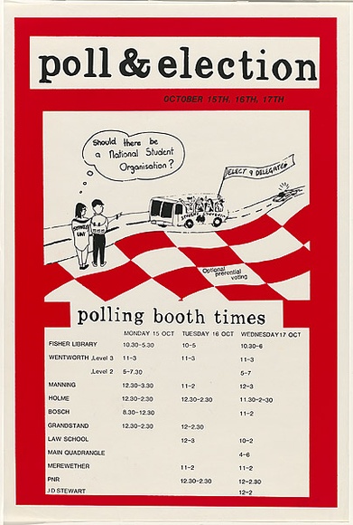 Artist: b'STUDENTS' | Title: b'Poll & election' | Date: 1979 | Technique: b'screenprint, printed in colour, from two stencils'