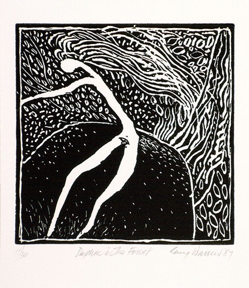 Artist: b'Warren, Guy.' | Title: b'Daphne in the forest.' | Date: 1987 | Technique: b'linocut, printed in black ink, from one block'