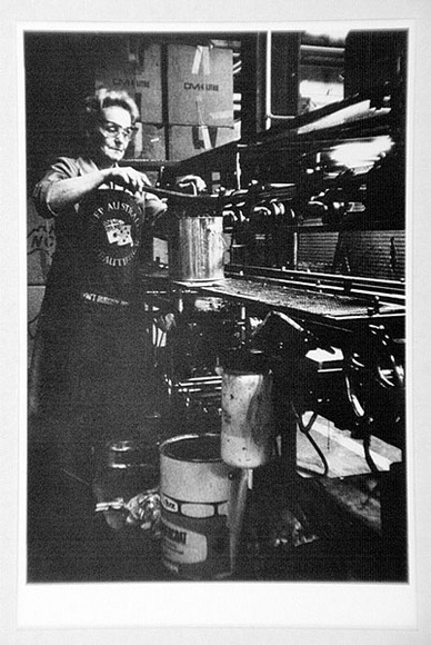 Artist: b'MEHES, Vivenne' | Title: b'Postcard: Worker in a Melbourne paint factory 1983' | Date: 1985 | Technique: b'photo-offset-lithograph'