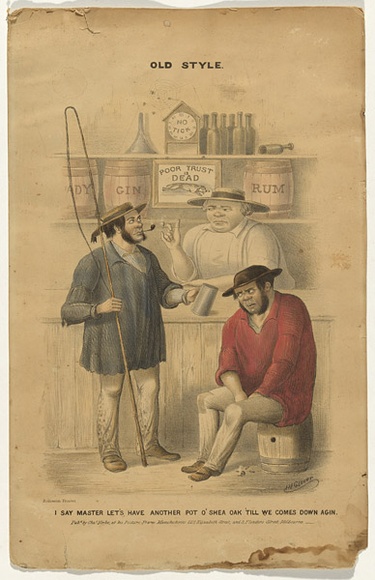 Artist: b'Glover, Henry Heath.' | Title: b'Old Style' | Date:  c.1858 | Technique: b'chalk-lithograph, printed in black ink, from one stone; hand-coloured'