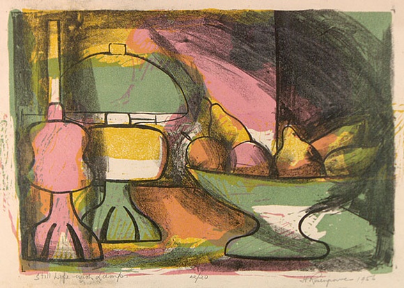 Artist: b'ROSENGRAVE, Harry' | Title: b'Still life with lamps' | Date: 1956 | Technique: b'linocut, printed in colour from four blocks, and overprinted in lithography with black ink from one plate'