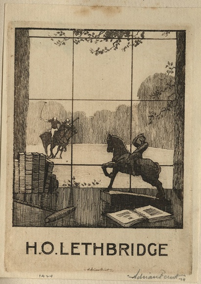 Artist: b'FEINT, Adrian' | Title: b'Bookplate: H.O.Lethbridge.' | Date: 1924 | Technique: b'etching, printed in brown ink with plate-tone, from one plate' | Copyright: b'Courtesy the Estate of Adrian Feint'