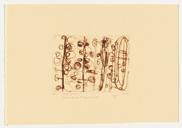 Artist: b'Napanangka, Walangkura.' | Title: b'Watiyawanu' | Date: 2004 | Technique: b'drypoint etching, printed in brown ink, from one perspex plate'