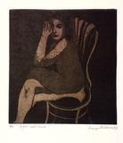 Artist: b'BALDESSIN, George' | Title: b'Figure with chair.' | Date: 1973 | Technique: b'etching and aquatint, printed in colour ink, from two plates.'
