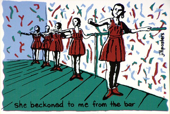 Artist: b'JILL POSTERS 1' | Title: b'Postcard: She beckoned to me from the bar' | Date: 1983-87 | Technique: b'screenprint, printed in colour, from four stencils'