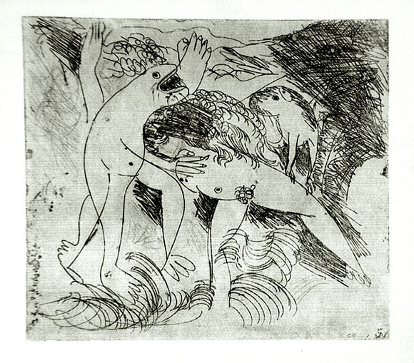 Artist: b'BOYD, Arthur' | Title: b'Figure in a river with beast and dog.' | Date: (1962-63) | Technique: b'etching and drypoint, printed in black ink, from one plate' | Copyright: b'Reproduced with permission of Bundanon Trust'