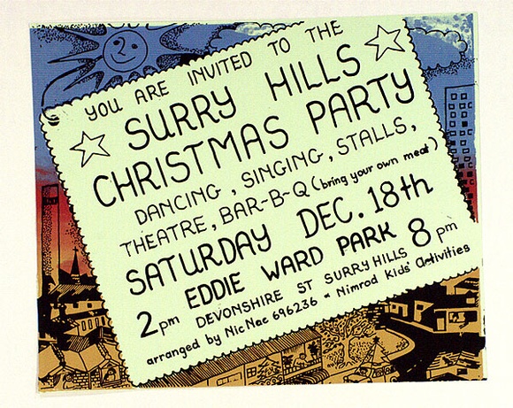 Artist: Boutin, Bob. | Title: Surry Hills Christmas party. | Date: 1979 | Technique: screenprint, printed in colour, from three stencils Artist: Boutin, Bob. | Title: Surry Hills Christmas party. | Date: 1979 | Technique: screenprint, printed in colour, from three stencils