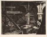 Artist: Sussex, Marian. | Title: not titled [scene from a workshop] | Date: 1983 | Technique: etching, printed in black ink with plate-tone, from one plate