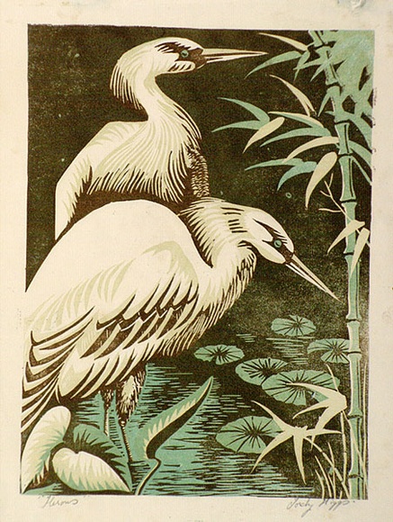 Artist: b'Higgs, Florence.' | Title: b'Herons' | Date: c.1954 | Technique: b'linocut, printed in colour, from three blocks'