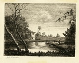Artist: Farmer, John. | Title: House near the creek. | Date: c.1960 | Technique: etching, printed in black ink, from one plate