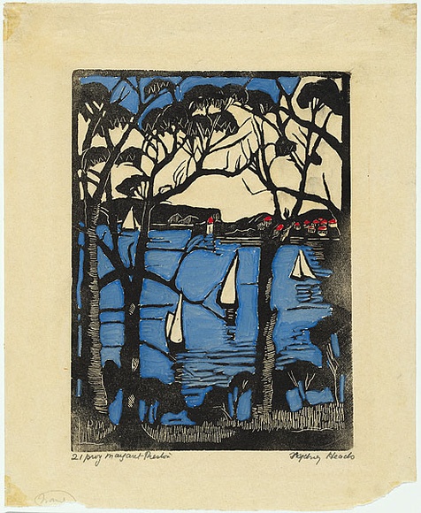 Artist: b'PRESTON, Margaret' | Title: b'Sydney Heads [2].' | Date: 1925 | Technique: b'woodcut, printed in black ink, from one block; hand-coloured' | Copyright: b'\xc2\xa9 Margaret Preston. Licensed by VISCOPY, Australia'