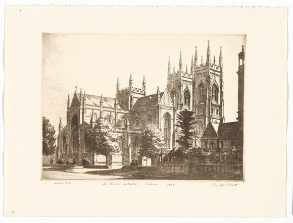 Artist: b'PLATT, Austin' | Title: b'St Andrews Cathedral, Sydney' | Date: 1945 | Technique: b'etching, printed in black ink, from one plate'