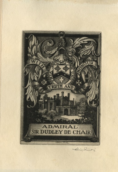 Artist: b'FEINT, Adrian' | Title: b'Bookplate: Admiral Sir Dudley de Chair.' | Date: 1930 | Technique: b'etching, printed in black ink, from one plate' | Copyright: b'Courtesy the Estate of Adrian Feint'