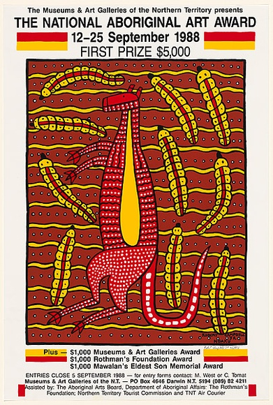 Artist: b'Campbell (Jnr.), Robert' | Title: b'The National Aboriginal Art Award 12 - 25 September 1988.' | Date: 1988 | Technique: b'screenprint, printed in colour, from four stencils'